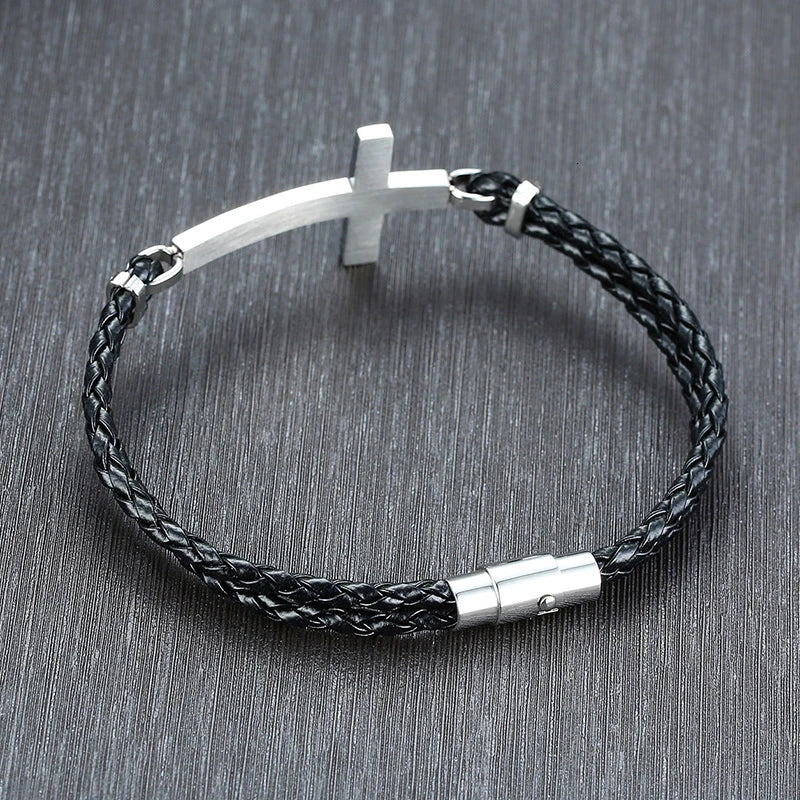 Bracelet Métal Cuir Croix