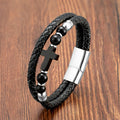 Bracelet Double en Veritable Perle et Cuir avec Croix Homme