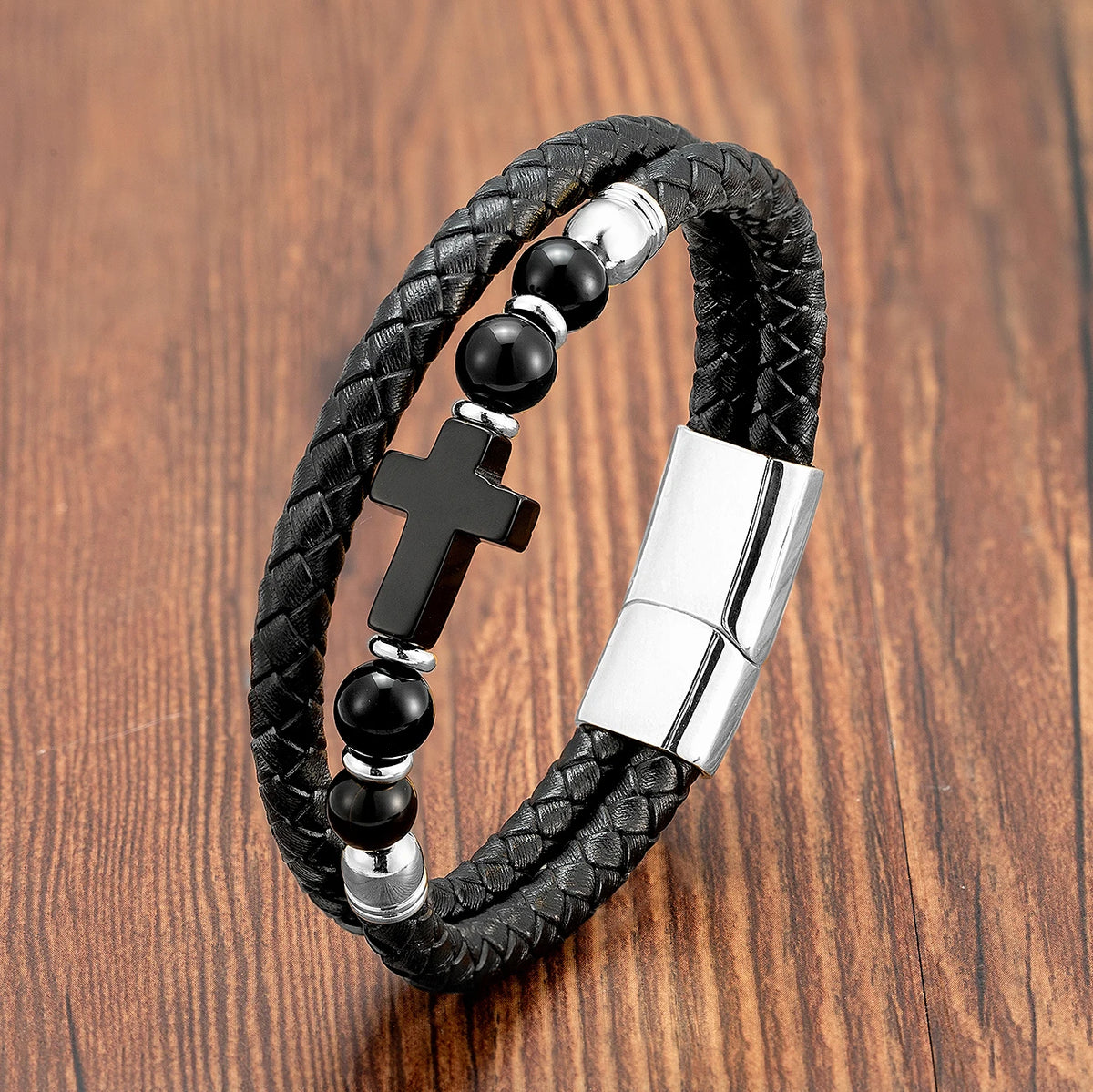 Bracelet Double en Veritable Perle et Cuir avec Croix Homme