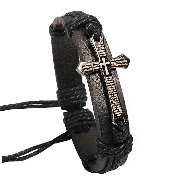 Bracelet Homme Croix Cordon Cuir ajustable