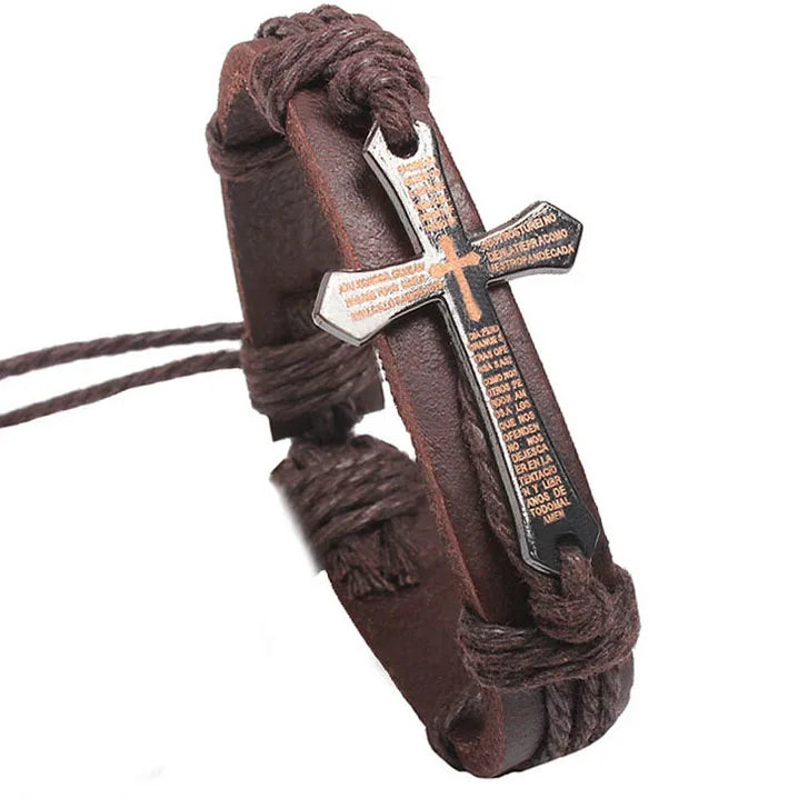 Bracelet Homme Croix Cordon Cuir ajustable