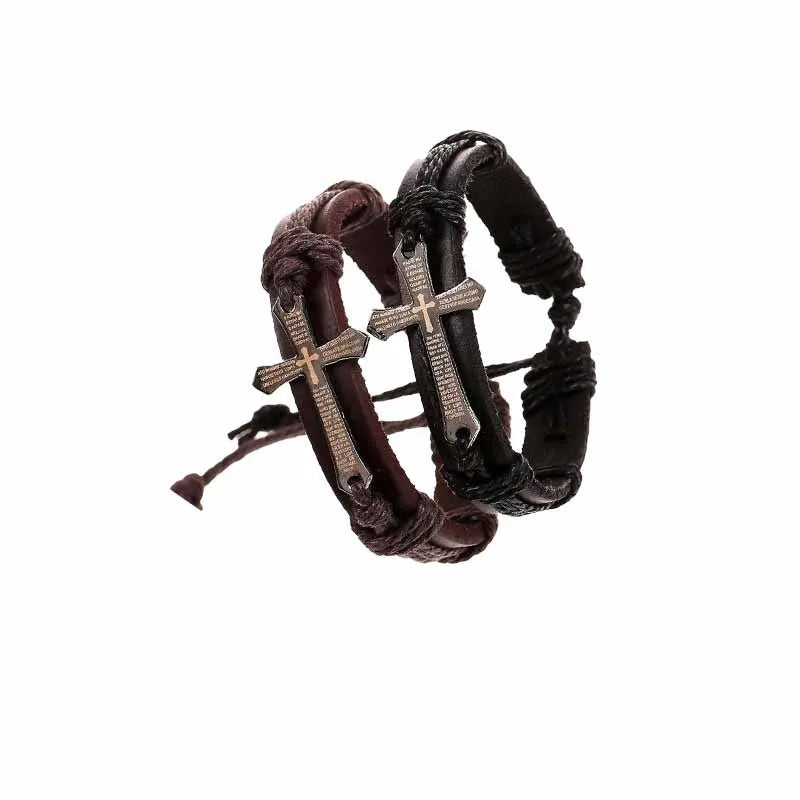 Bracelet Homme Croix Cordon Cuir ajustable
