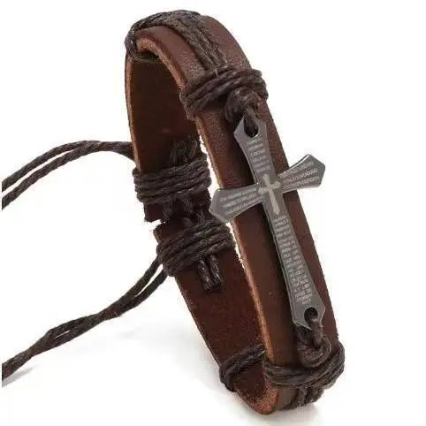 Bracelet Homme Croix Cordon Cuir ajustable