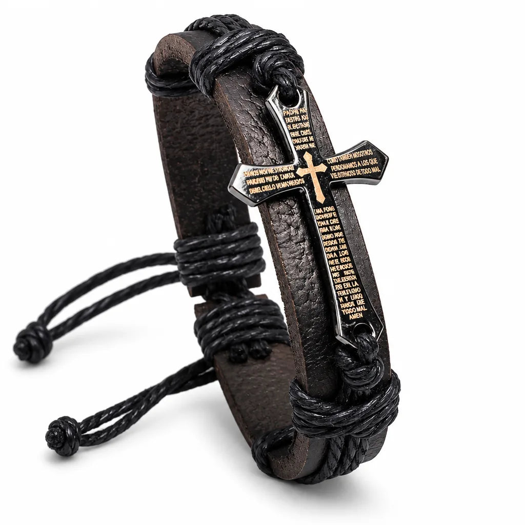 Bracelet Homme Croix Cordon Cuir ajustable