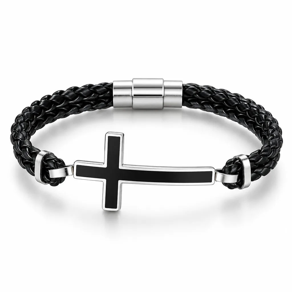 Bracelet Métal Cuir Croix