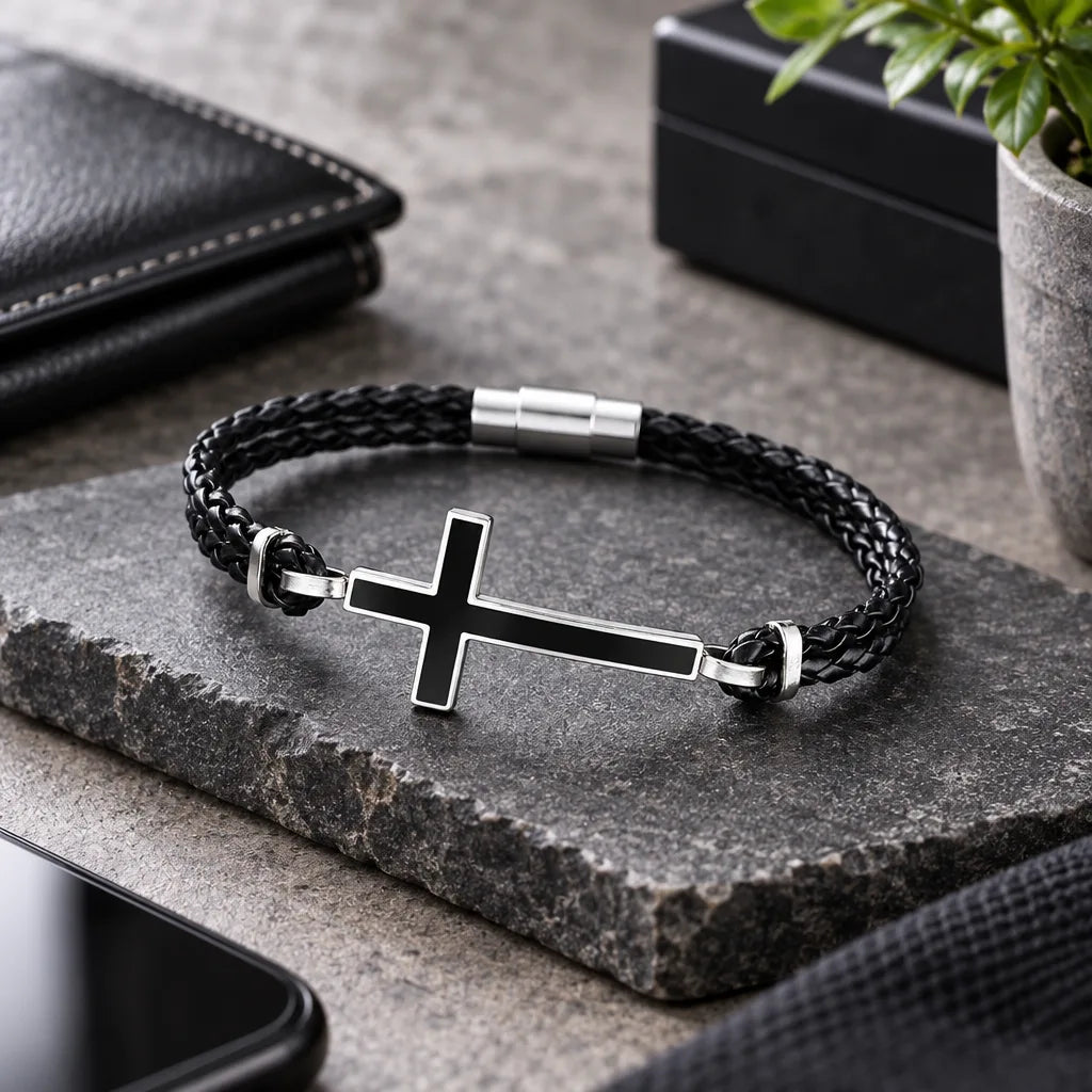 Bracelet Métal Cuir Croix