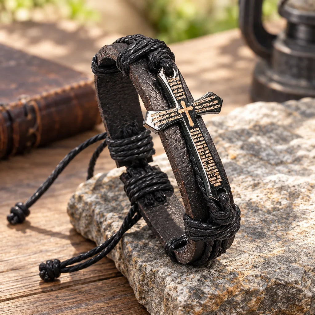 Bracelet Homme Croix Cordon Cuir ajustable
