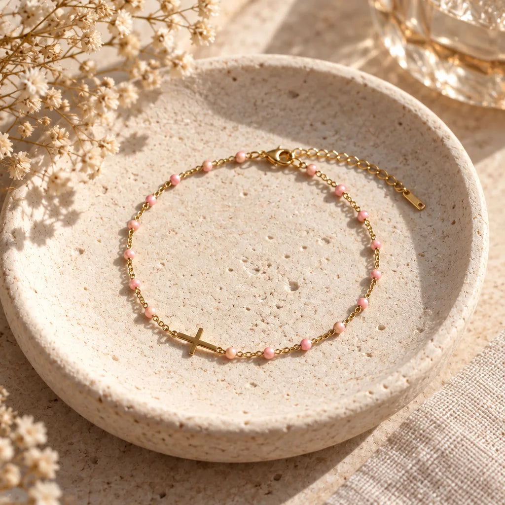 Bracelet Acier Rose Croix
