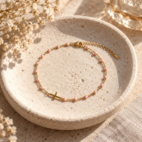 Bracelet Acier Rose Croix