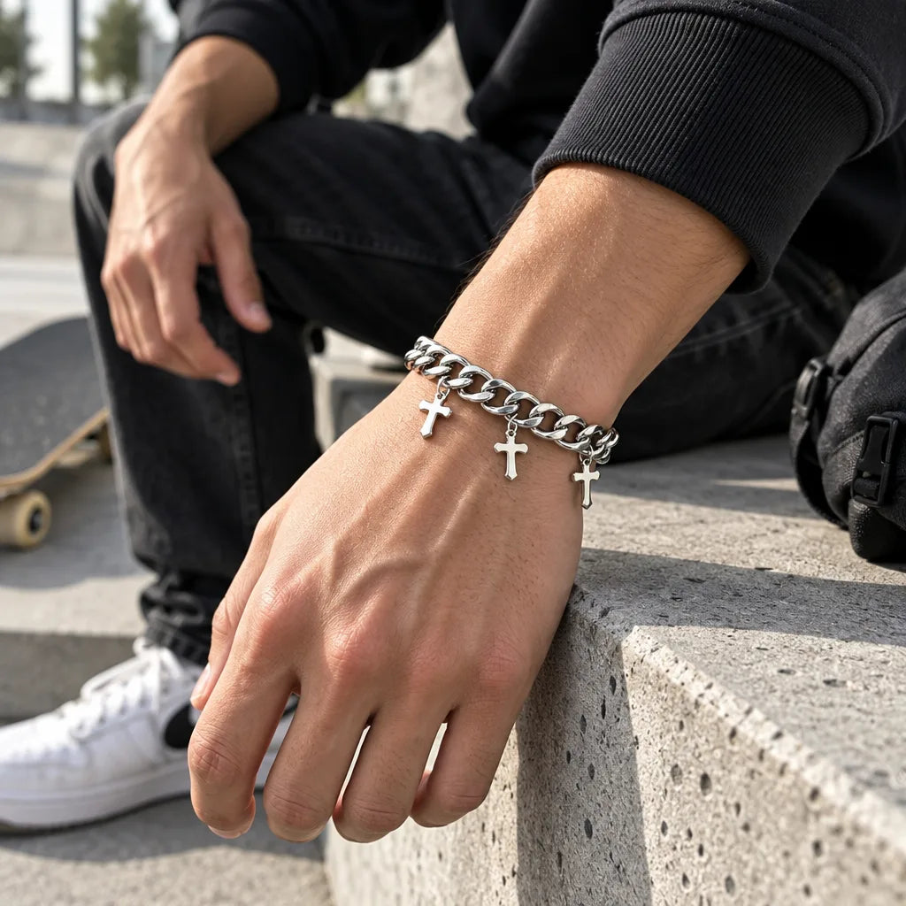 Bracelet Grosse Maille Argent Croix avec Christhommes