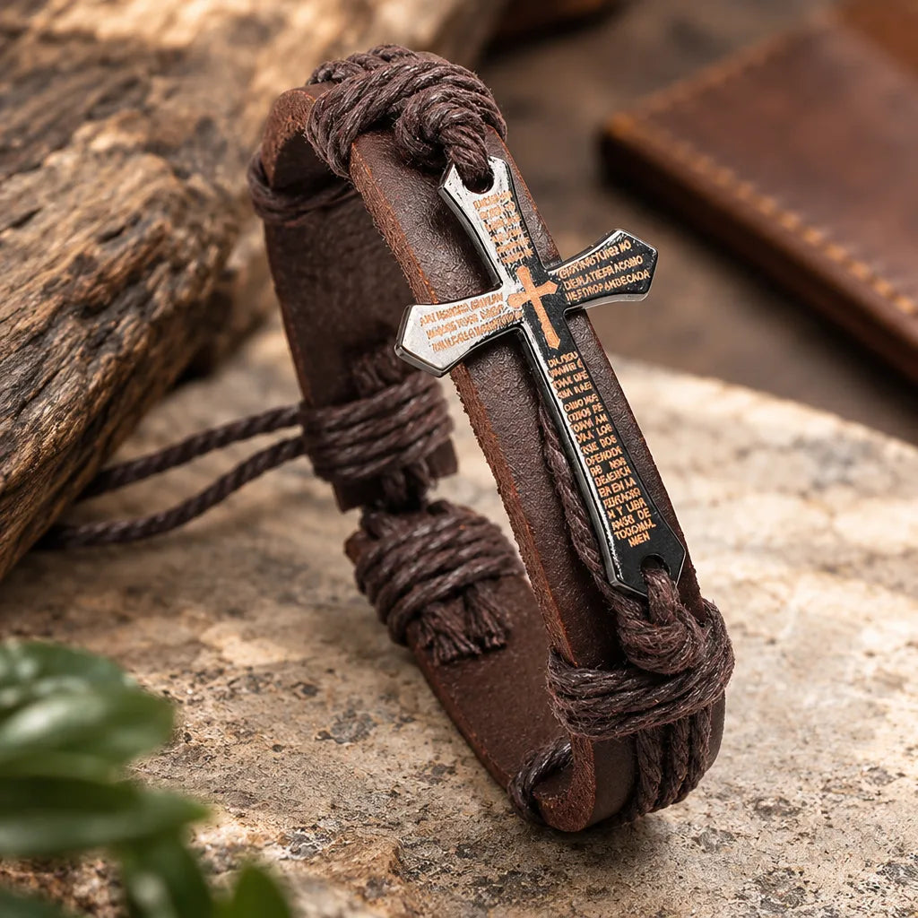 Bracelet Homme Croix Cordon Cuir ajustable