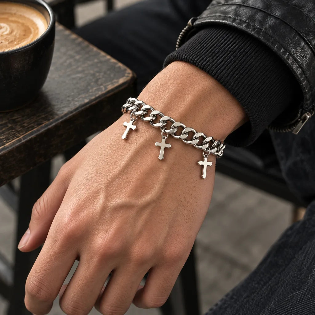 Bracelet Grosse Maille Argent Croix avec Christhommes