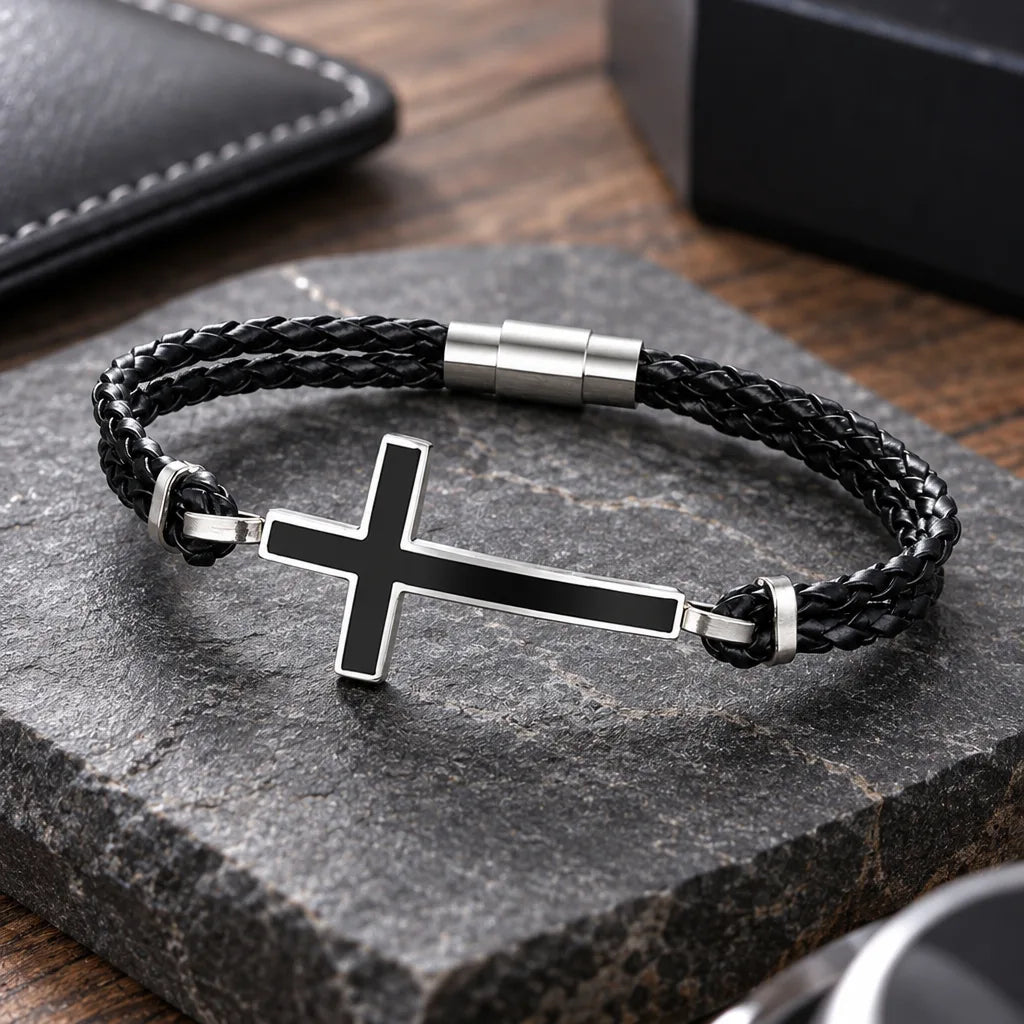 Bracelet Métal Cuir Croix