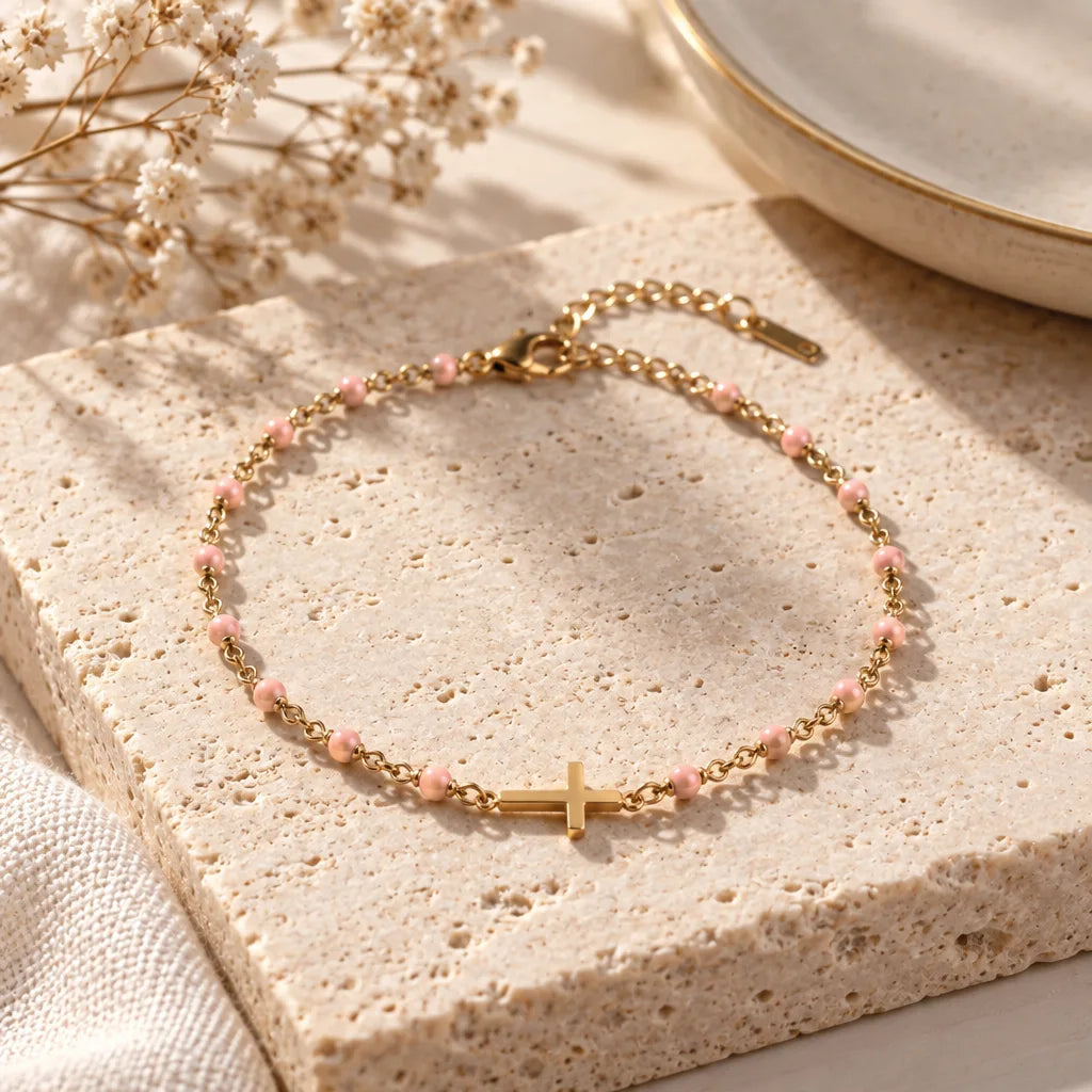 Bracelet Acier Rose Croix