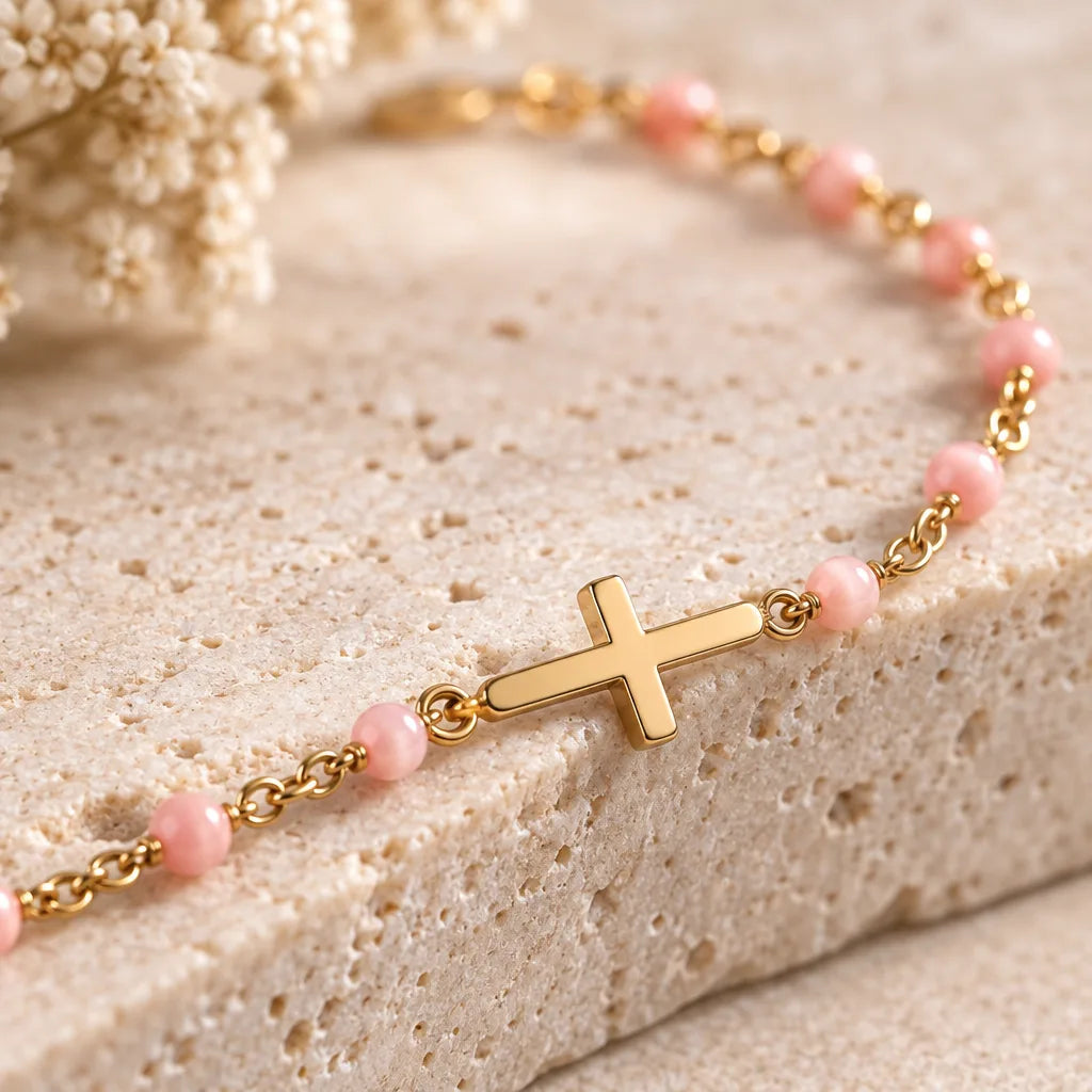 Bracelet Acier Rose Croix