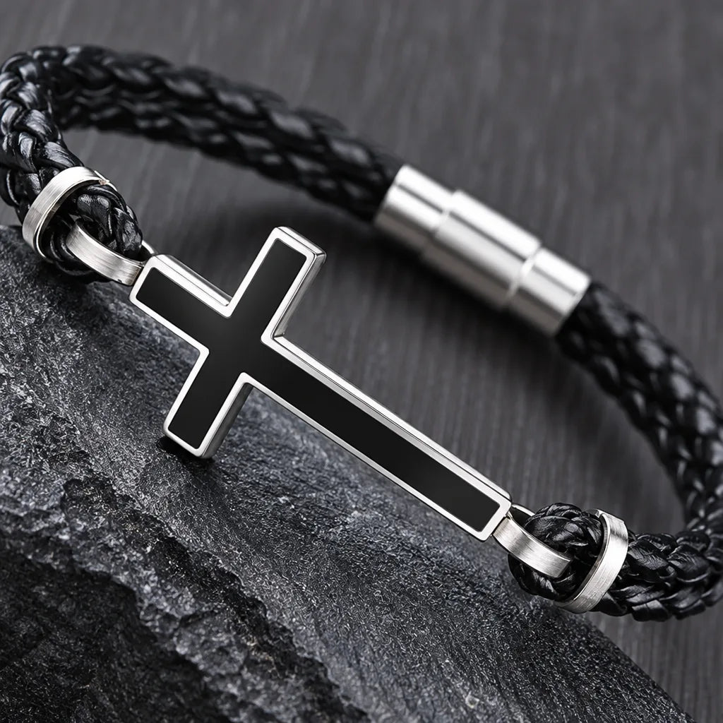 Bracelet Métal Cuir Croix