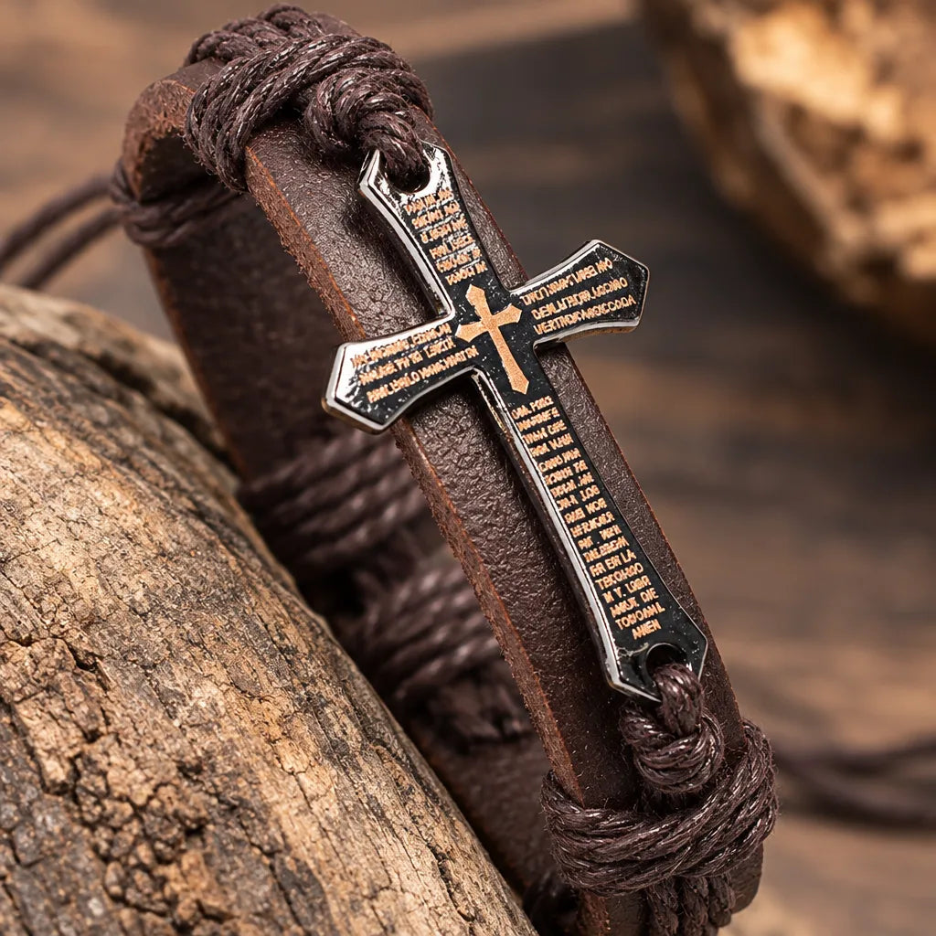 Bracelet Homme Croix Cordon Cuir ajustable